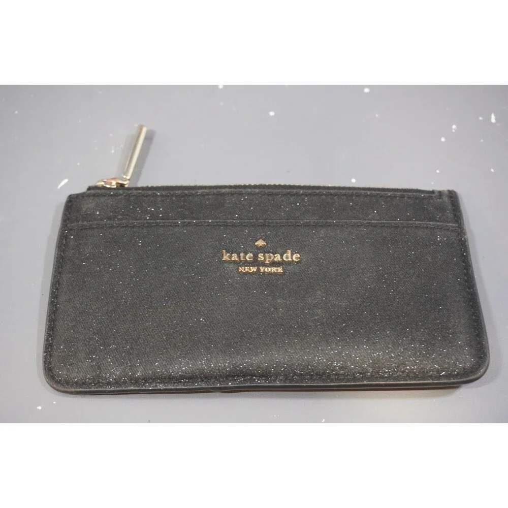 Kate Spade New York Black Glitter Slim Zip Card Holder Wallet
